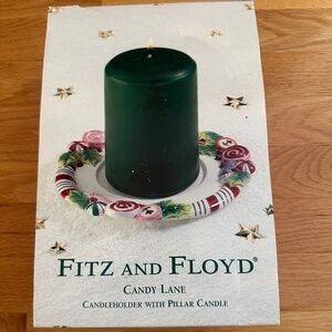 NIB Fitz and Floyd Candy Lane Candleholder with Green Pillar Candle